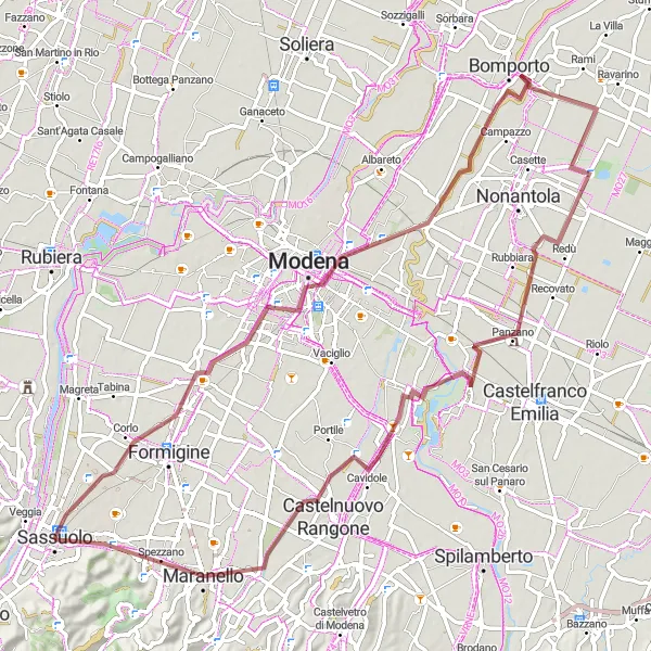 Mapa miniatúra "Gravelová cyklistická trasa Baggiovara - Modena - Bomporto - Panzano - Maranello" cyklistická inšpirácia v Emilia-Romagna, Italy. Vygenerované cyklistickým plánovačom trás Tarmacs.app