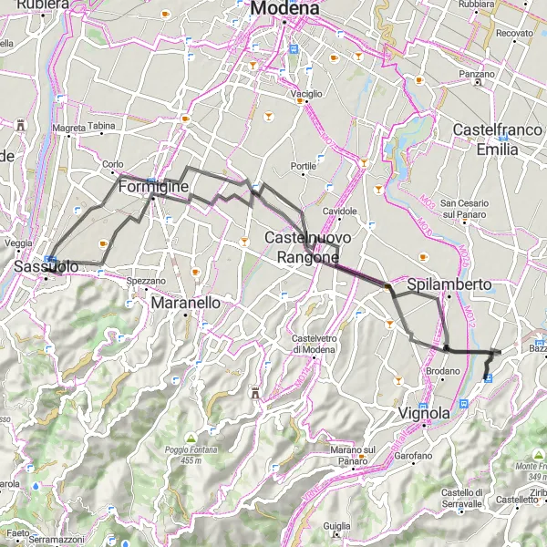 Miniatuurkaart van de fietsinspiratie "Rondrit vanuit Sassuolo via Formigine en Castelnuovo Rangone" in Emilia-Romagna, Italy. Gemaakt door de Tarmacs.app fietsrouteplanner