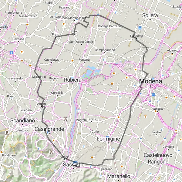 Miniatura della mappa di ispirazione al ciclismo "Tour delle Colline Modenesi" nella regione di Emilia-Romagna, Italy. Generata da Tarmacs.app, pianificatore di rotte ciclistiche