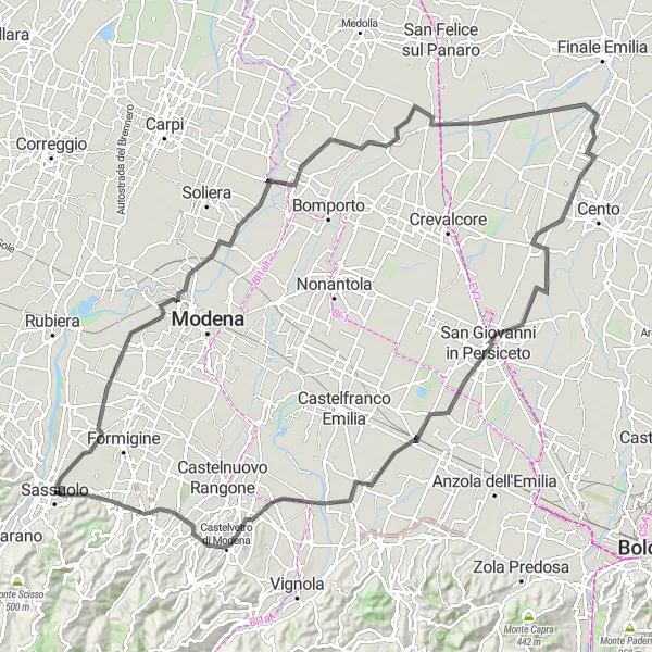 Mapa miniatúra "San Pietro in Elda - Camposanto - Renazzo - San Giovanni in Persiceto - Maranello" cyklistická inšpirácia v Emilia-Romagna, Italy. Vygenerované cyklistickým plánovačom trás Tarmacs.app