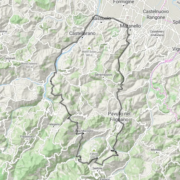 Mapa miniatúra "Okruhová cyklistická trasa Maranello - Monte Bianco - Pavullo nel Frignano - Montemaramagno - Monte Revedei - Monte San Michele - Lama Mocogno - Monte Santa Giulia - Monte Branzola - Castellarano" cyklistická inšpirácia v Emilia-Romagna, Italy. Vygenerované cyklistickým plánovačom trás Tarmacs.app