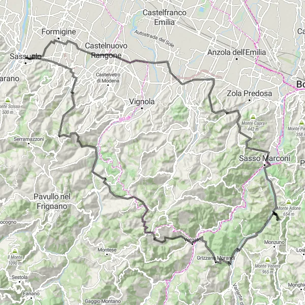 Karttaminiaatyyri "Sassuolo - Spilamberto - Crespellano - Monte Avezzano - Monte Torrone - Sasso Marconi - Monterumici - Vado - Vergato - Monte San Giacomo - Zocca - Castellino delle Formiche - Monte Pizzicano - Poggio Croce - Maranello" pyöräilyinspiraatiosta alueella Emilia-Romagna, Italy. Luotu Tarmacs.app pyöräilyreittisuunnittelijalla