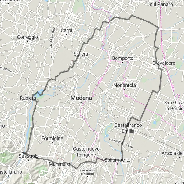 Zemljevid v pomanjšavi "Cesta skozi Modeno" kolesarske inspiracije v Emilia-Romagna, Italy. Generirano z načrtovalcem kolesarskih poti Tarmacs.app