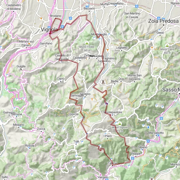 Miniatura della mappa di ispirazione al ciclismo "Tour in bicicletta su strade sterrate intorno a Vignola" nella regione di Emilia-Romagna, Italy. Generata da Tarmacs.app, pianificatore di rotte ciclistiche