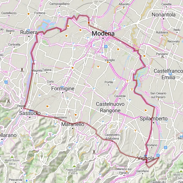 Miniatura della mappa di ispirazione al ciclismo "Tour in mountain bike tra Maranello e Vignola attraverso Sassuolo" nella regione di Emilia-Romagna, Italy. Generata da Tarmacs.app, pianificatore di rotte ciclistiche