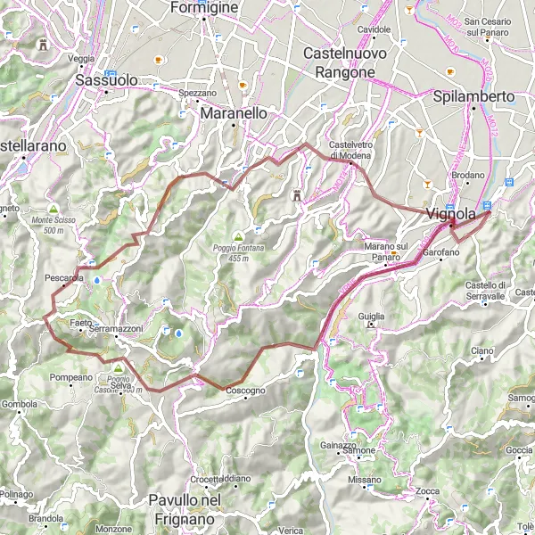 Miniatua del mapa de inspiración ciclista "Vuelta por los caminos de grava alrededor de Savignano sul Panaro" en Emilia-Romagna, Italy. Generado por Tarmacs.app planificador de rutas ciclistas