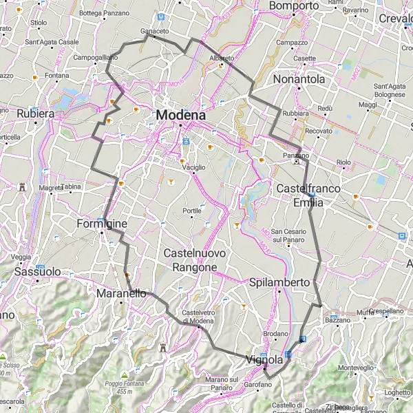 Zemljevid v pomanjšavi "Ciklotur po Emilia-Romagni" kolesarske inspiracije v Emilia-Romagna, Italy. Generirano z načrtovalcem kolesarskih poti Tarmacs.app