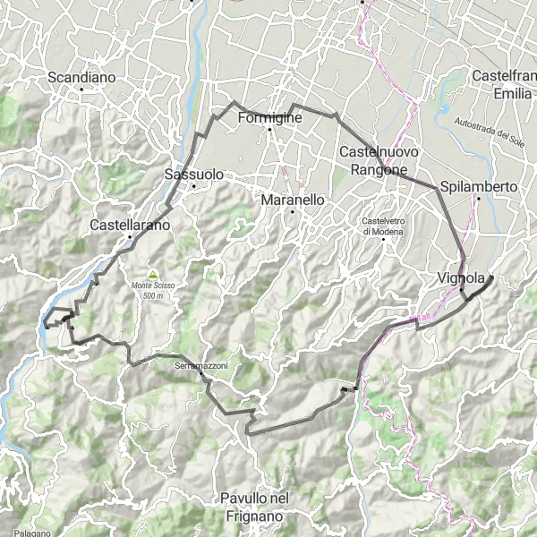 Miniaturní mapa "Okružní trasa Marano sul Panaro - Poggio Casone - il Poggio - Prignano sulla Secchia - Monte Branzola - Castellarano - Formigine - Castelnuovo Rangone - Vignola" inspirace pro cyklisty v oblasti Emilia-Romagna, Italy. Vytvořeno pomocí plánovače tras Tarmacs.app