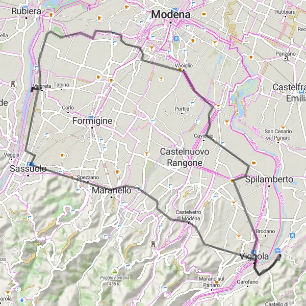 Karttaminiaatyyri "Kulttuurireitti Maranelloon ja Vignolaan" pyöräilyinspiraatiosta alueella Emilia-Romagna, Italy. Luotu Tarmacs.app pyöräilyreittisuunnittelijalla