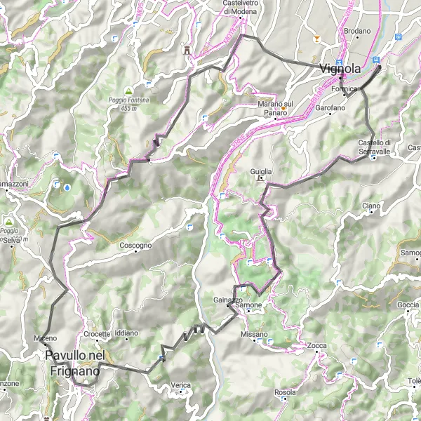 Miniatura della mappa di ispirazione al ciclismo "Giro in bici da Savignano sul Panaro: Castello di Serravalle" nella regione di Emilia-Romagna, Italy. Generata da Tarmacs.app, pianificatore di rotte ciclistiche