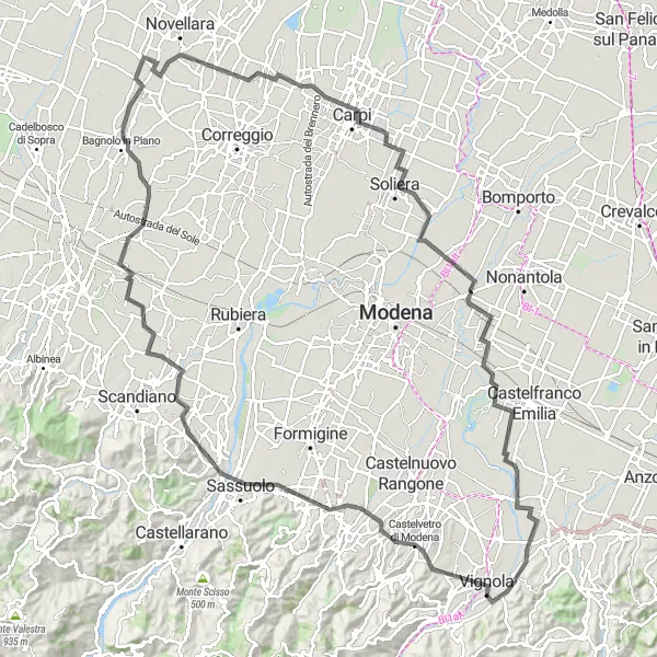 Miniaturní mapa "Kruhová trasa Castelvetro - Savignano" inspirace pro cyklisty v oblasti Emilia-Romagna, Italy. Vytvořeno pomocí plánovače tras Tarmacs.app