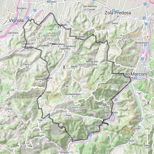 Miniatura della mappa di ispirazione al ciclismo "Giro in bici da Savignano sul Panaro: Castello di Serravalle e Monte Caverna" nella regione di Emilia-Romagna, Italy. Generata da Tarmacs.app, pianificatore di rotte ciclistiche