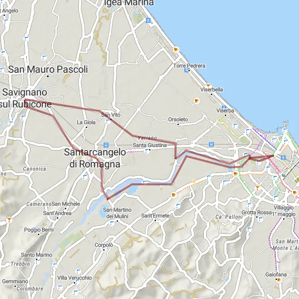 Mapa miniatúra "Gravel Route to Santarcangelo di Romagna" cyklistická inšpirácia v Emilia-Romagna, Italy. Vygenerované cyklistickým plánovačom trás Tarmacs.app