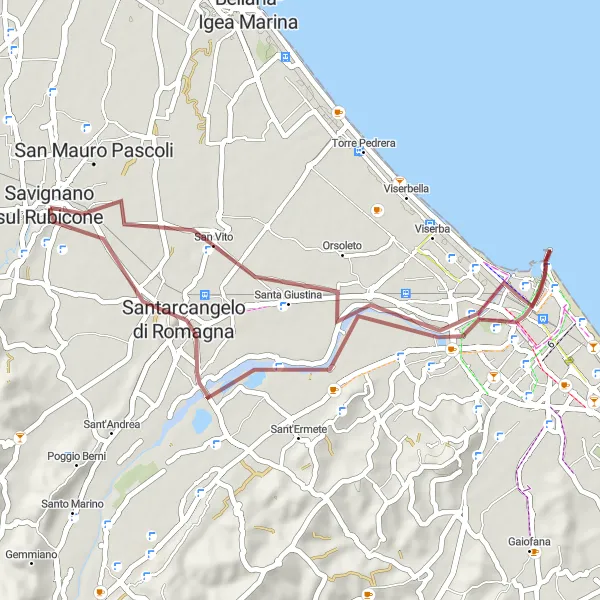 Zemljevid v pomanjšavi "Grobler Savignano - Rimini" kolesarske inspiracije v Emilia-Romagna, Italy. Generirano z načrtovalcem kolesarskih poti Tarmacs.app