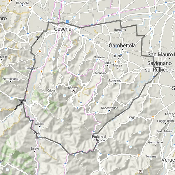 Kartminiatyr av "Vägcykla genom Sogliano al Rubicone och Cesena" cykelinspiration i Emilia-Romagna, Italy. Genererad av Tarmacs.app cykelruttplanerare