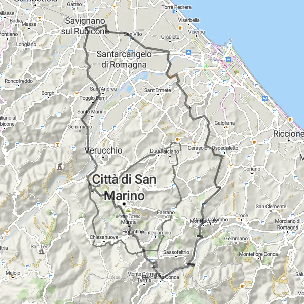 Mapa miniatúra "Trasa San Marino" cyklistická inšpirácia v Emilia-Romagna, Italy. Vygenerované cyklistickým plánovačom trás Tarmacs.app