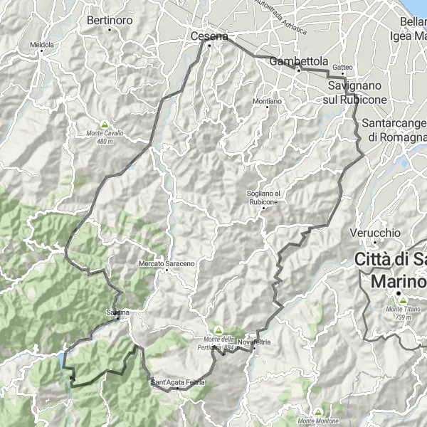 Miniatua del mapa de inspiración ciclista "Ruta de montaña desafiante desde Savignano sul Rubicone" en Emilia-Romagna, Italy. Generado por Tarmacs.app planificador de rutas ciclistas