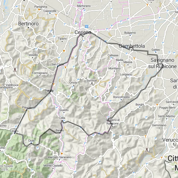 Kartminiatyr av "Eventyrlig sykkeltur til Sogliano al Rubicone og Cesena" sykkelinspirasjon i Emilia-Romagna, Italy. Generert av Tarmacs.app sykkelrutoplanlegger