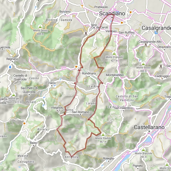 Kartminiatyr av "Grusväg genom de vackra kullarna" cykelinspiration i Emilia-Romagna, Italy. Genererad av Tarmacs.app cykelruttplanerare