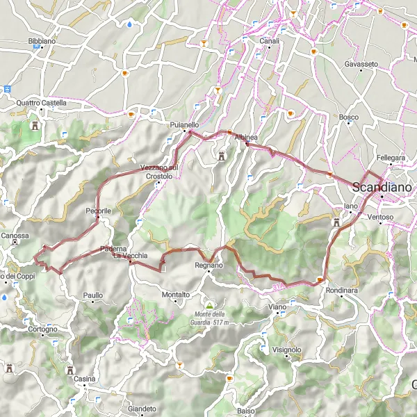 Zemljevid v pomanjšavi "Krožna kolesarska pot Scandiano - Monte Leone" kolesarske inspiracije v Emilia-Romagna, Italy. Generirano z načrtovalcem kolesarskih poti Tarmacs.app