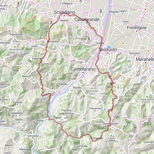 Miniaturní mapa "Gravelový okruh Casalgrande" inspirace pro cyklisty v oblasti Emilia-Romagna, Italy. Vytvořeno pomocí plánovače tras Tarmacs.app