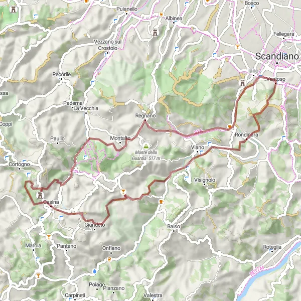 Mapa miniatúra "Gravelová jazda cez Ventoso a Castello Dondena" cyklistická inšpirácia v Emilia-Romagna, Italy. Vygenerované cyklistickým plánovačom trás Tarmacs.app