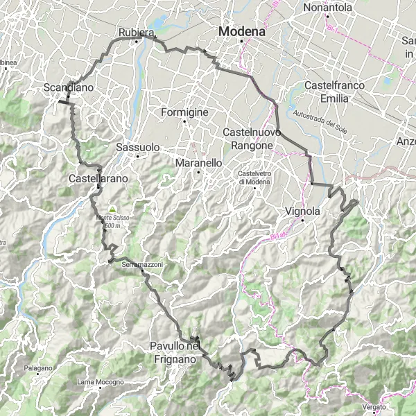 Zemljevid v pomanjšavi "Kolesarska pot Monte del Gesso - Ventoso" kolesarske inspiracije v Emilia-Romagna, Italy. Generirano z načrtovalcem kolesarskih poti Tarmacs.app