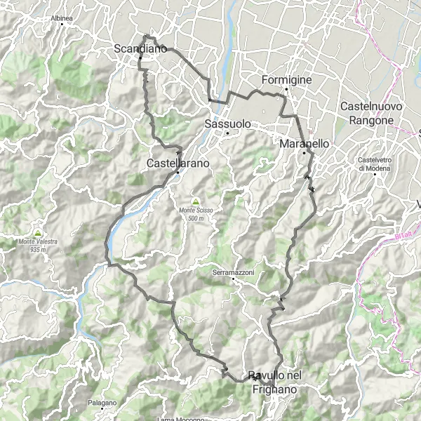 Zemljevid v pomanjšavi "Kolesarska pot Fellegara - Ventoso" kolesarske inspiracije v Emilia-Romagna, Italy. Generirano z načrtovalcem kolesarskih poti Tarmacs.app