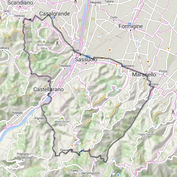 Kartminiatyr av "Road cycling eventyr gjennom Monte della Valle og Monte Branzola" sykkelinspirasjon i Emilia-Romagna, Italy. Generert av Tarmacs.app sykkelrutoplanlegger