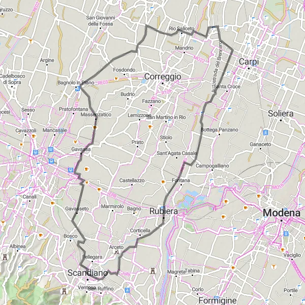 Mapa miniatúra "Trasa cez Scandiano a okolie" cyklistická inšpirácia v Emilia-Romagna, Italy. Vygenerované cyklistickým plánovačom trás Tarmacs.app