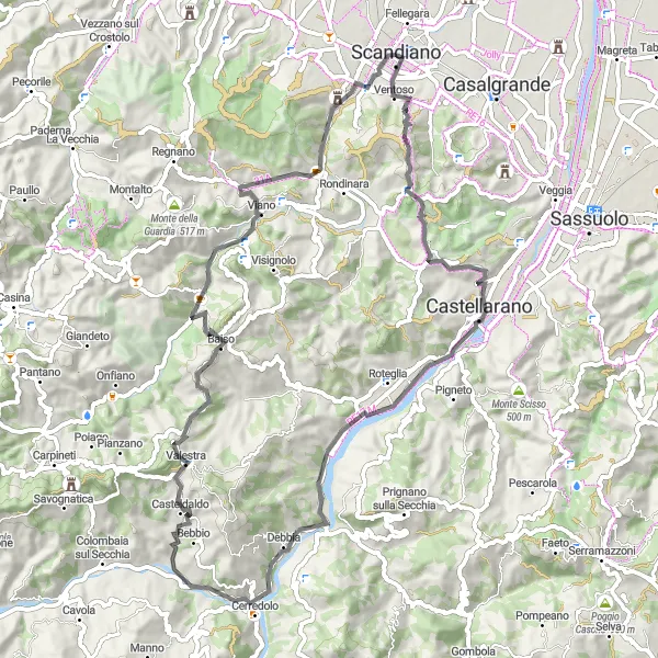 Miniaturní mapa "Cyklistická trasa kolem Scandiana" inspirace pro cyklisty v oblasti Emilia-Romagna, Italy. Vytvořeno pomocí plánovače tras Tarmacs.app