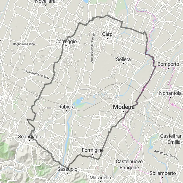 Miniatura della mappa di ispirazione al ciclismo "Tour tra le campagne emiliane in bici da corsa" nella regione di Emilia-Romagna, Italy. Generata da Tarmacs.app, pianificatore di rotte ciclistiche