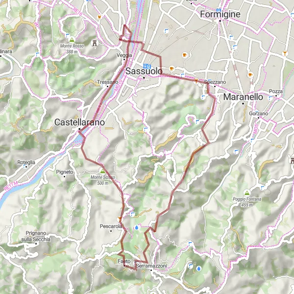 Map miniature of "Scenic Gravel Adventure Surrounding Serramazzoni" cycling inspiration in Emilia-Romagna, Italy. Generated by Tarmacs.app cycling route planner