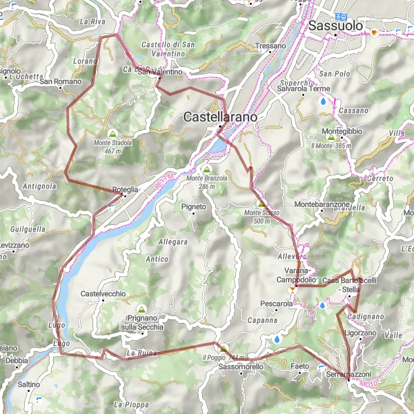 Zemljevid v pomanjšavi "Gorska vožnja po stezah Serramazzonija" kolesarske inspiracije v Emilia-Romagna, Italy. Generirano z načrtovalcem kolesarskih poti Tarmacs.app