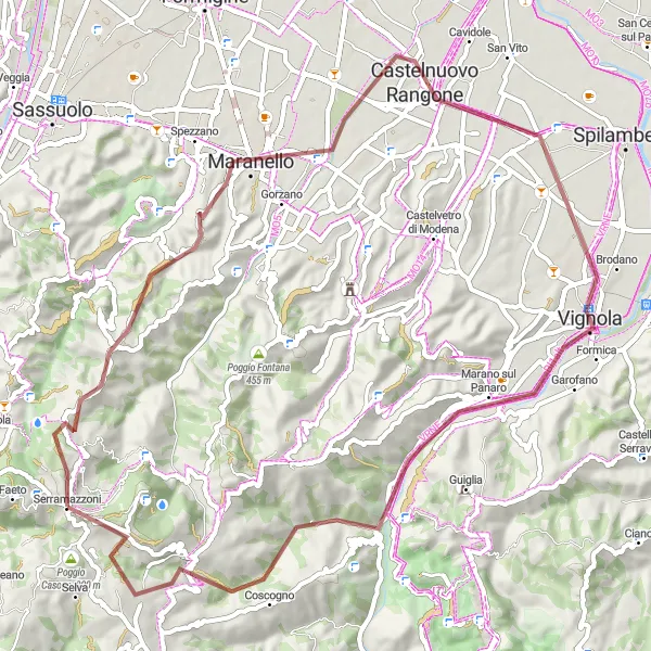 Map miniature of "Gravel Escape: from Serramazzoni to Monte Ravaglia" cycling inspiration in Emilia-Romagna, Italy. Generated by Tarmacs.app cycling route planner