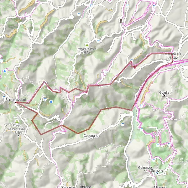 Miniature de la carte de l'inspiration cycliste "Exploration sauvage autour de Serramazzoni via Monte Ravaglia" dans la Emilia-Romagna, Italy. Générée par le planificateur d'itinéraire cycliste Tarmacs.app
