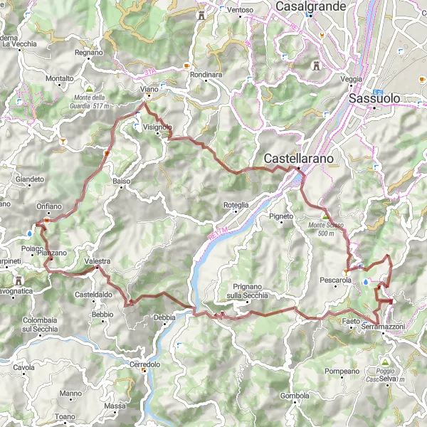 Map miniature of "Thrilling Gravel Cycling Path near Serramazzoni" cycling inspiration in Emilia-Romagna, Italy. Generated by Tarmacs.app cycling route planner