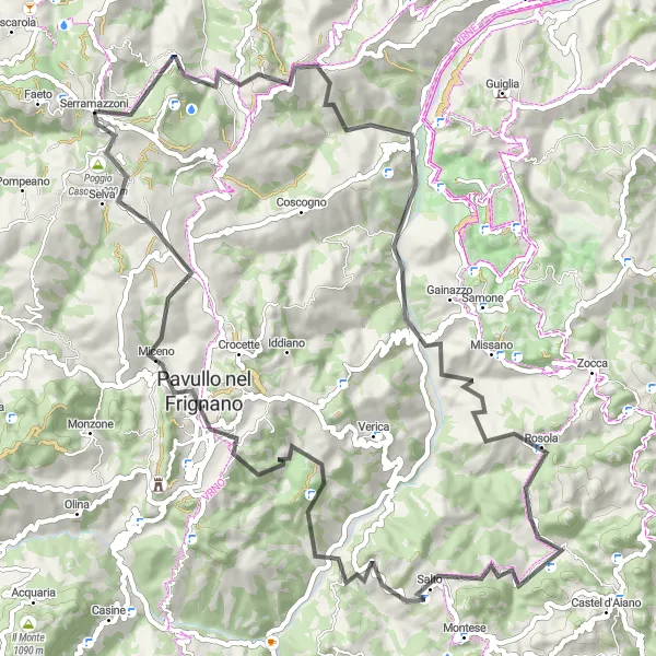 Mapa miniatúra "Výzva kopcovitej cesty" cyklistická inšpirácia v Emilia-Romagna, Italy. Vygenerované cyklistickým plánovačom trás Tarmacs.app