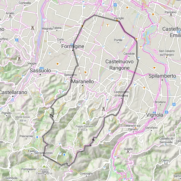 Map miniature of "Road Excursion: Serramazzoni to Monte Ravaglia" cycling inspiration in Emilia-Romagna, Italy. Generated by Tarmacs.app cycling route planner