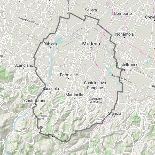 Karttaminiaatyyri "Monte Branzola - Serramazzoni Road Cycling" pyöräilyinspiraatiosta alueella Emilia-Romagna, Italy. Luotu Tarmacs.app pyöräilyreittisuunnittelijalla