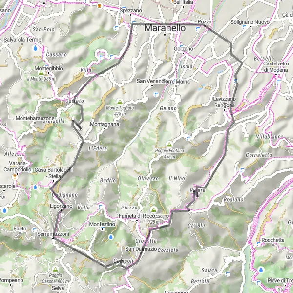 Miniatua del mapa de inspiración ciclista "Ruta Escénica por Monte Mongigatto" en Emilia-Romagna, Italy. Generado por Tarmacs.app planificador de rutas ciclistas