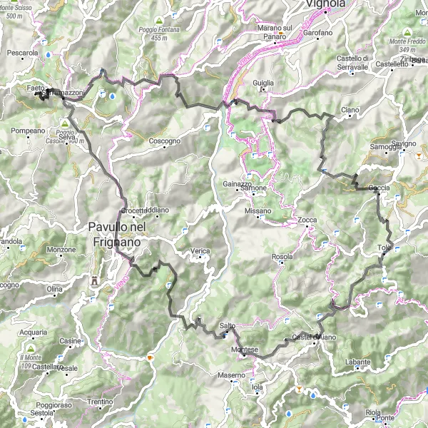 Map miniature of "Challenging Road Cycling Route from Serramazzoni" cycling inspiration in Emilia-Romagna, Italy. Generated by Tarmacs.app cycling route planner