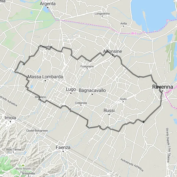 Miniatura della mappa di ispirazione al ciclismo "Giro in bicicletta da Sesto Imolese a Mezzano" nella regione di Emilia-Romagna, Italy. Generata da Tarmacs.app, pianificatore di rotte ciclistiche