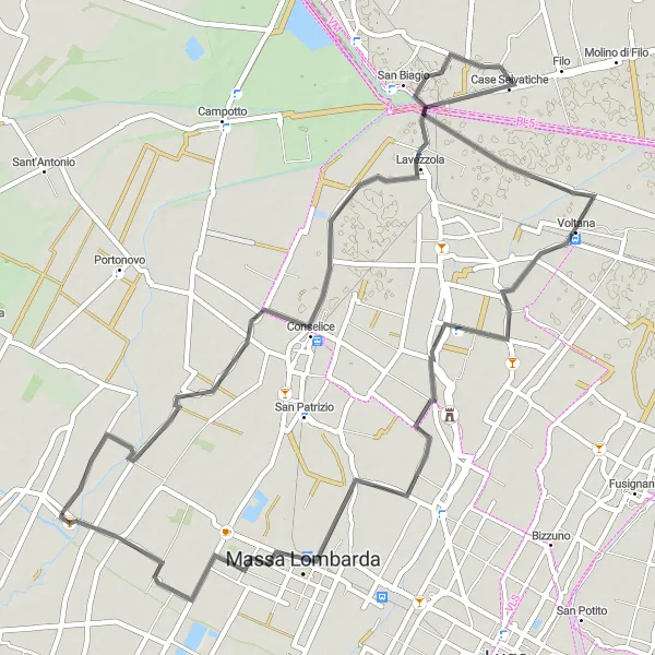 Miniatura della mappa di ispirazione al ciclismo "Esplorazione di Conselice, Lavezzola e Massa Lombarda in bicicletta" nella regione di Emilia-Romagna, Italy. Generata da Tarmacs.app, pianificatore di rotte ciclistiche