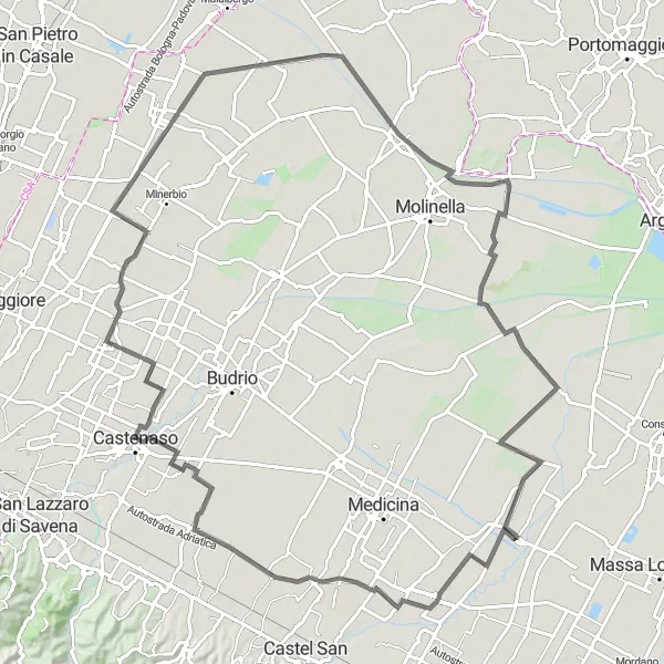 Mapa miniatúra "Trasa cez Ponte Rizzoli, Castenaso a Altedo" cyklistická inšpirácia v Emilia-Romagna, Italy. Vygenerované cyklistickým plánovačom trás Tarmacs.app