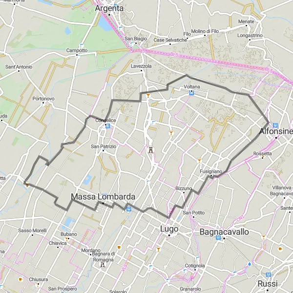 Mapa miniatúra "Trasa cez Conselice, Taglio Corelli, Fusignano a Sant'Agata sul Santerno" cyklistická inšpirácia v Emilia-Romagna, Italy. Vygenerované cyklistickým plánovačom trás Tarmacs.app