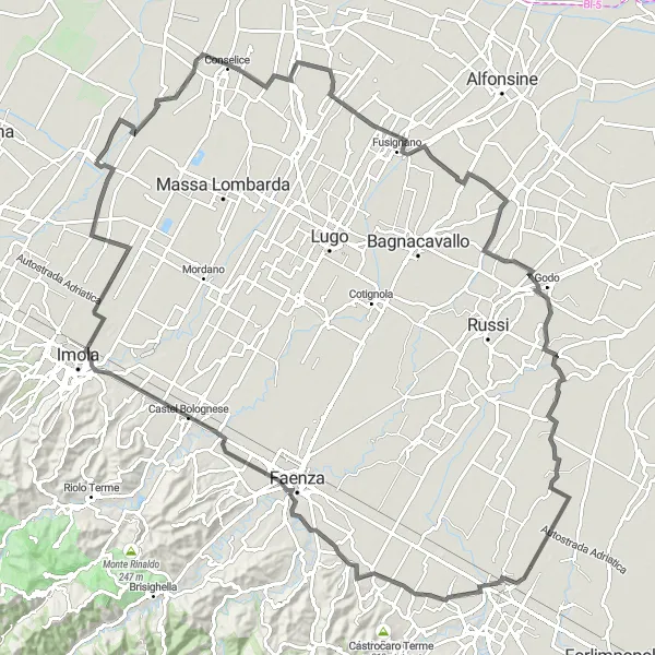 Miniatua del mapa de inspiración ciclista "Ruta de las colinas de Emilia" en Emilia-Romagna, Italy. Generado por Tarmacs.app planificador de rutas ciclistas