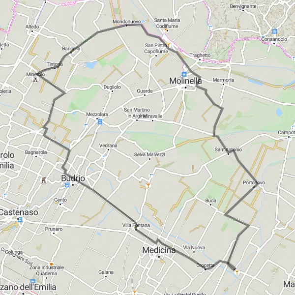 Miniatua del mapa de inspiración ciclista "Ruta de ciclismo por Villa Fontana, Riccardina y Baricella" en Emilia-Romagna, Italy. Generado por Tarmacs.app planificador de rutas ciclistas