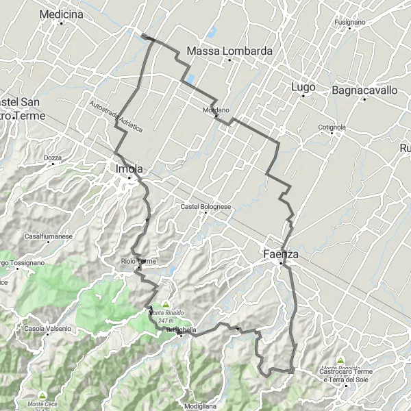 Miniatua del mapa de inspiración ciclista "Rocca di Brisighella y Monte di Rontana Desafío en Carretera" en Emilia-Romagna, Italy. Generado por Tarmacs.app planificador de rutas ciclistas