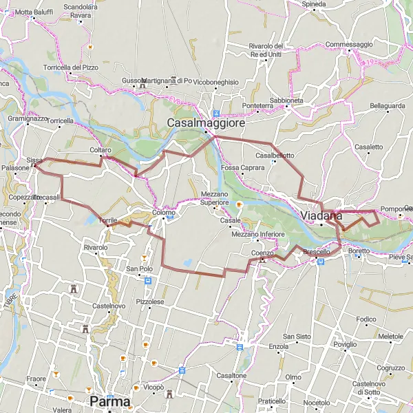 Miniatua del mapa de inspiración ciclista "Ruta de gravilla a través de Viadana" en Emilia-Romagna, Italy. Generado por Tarmacs.app planificador de rutas ciclistas